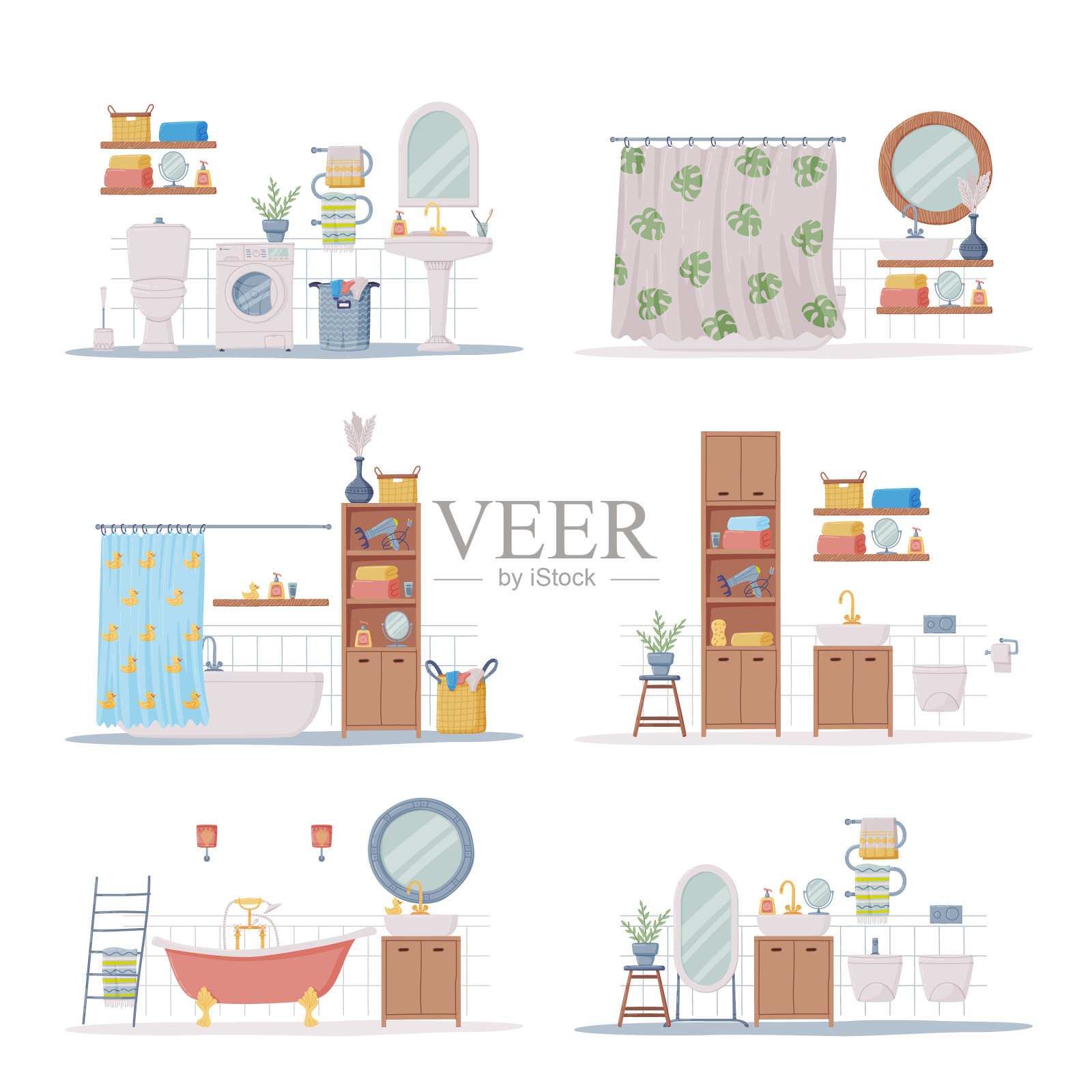 浴室或盥洗室内部有浴缸清洗插画图片素材