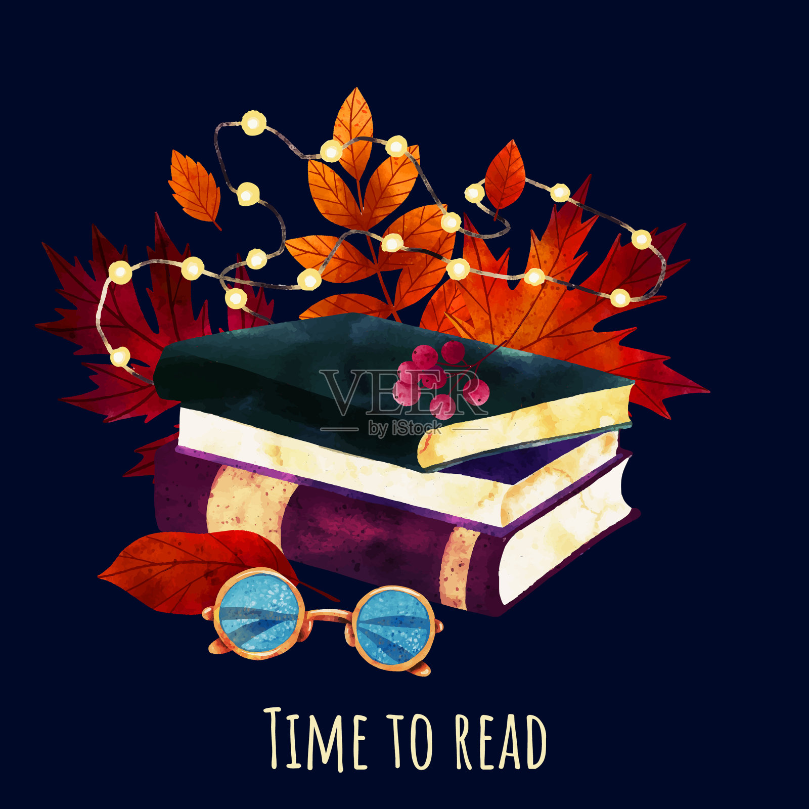 舒适的秋夜卡片设计手绘艺术插画图片素材