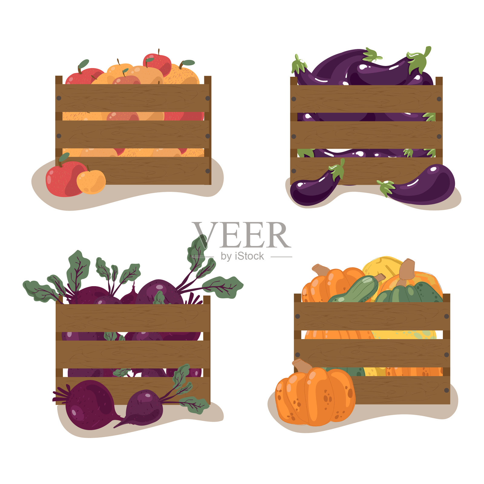 秋天收获水果和蔬菜的箱子插画图片素材