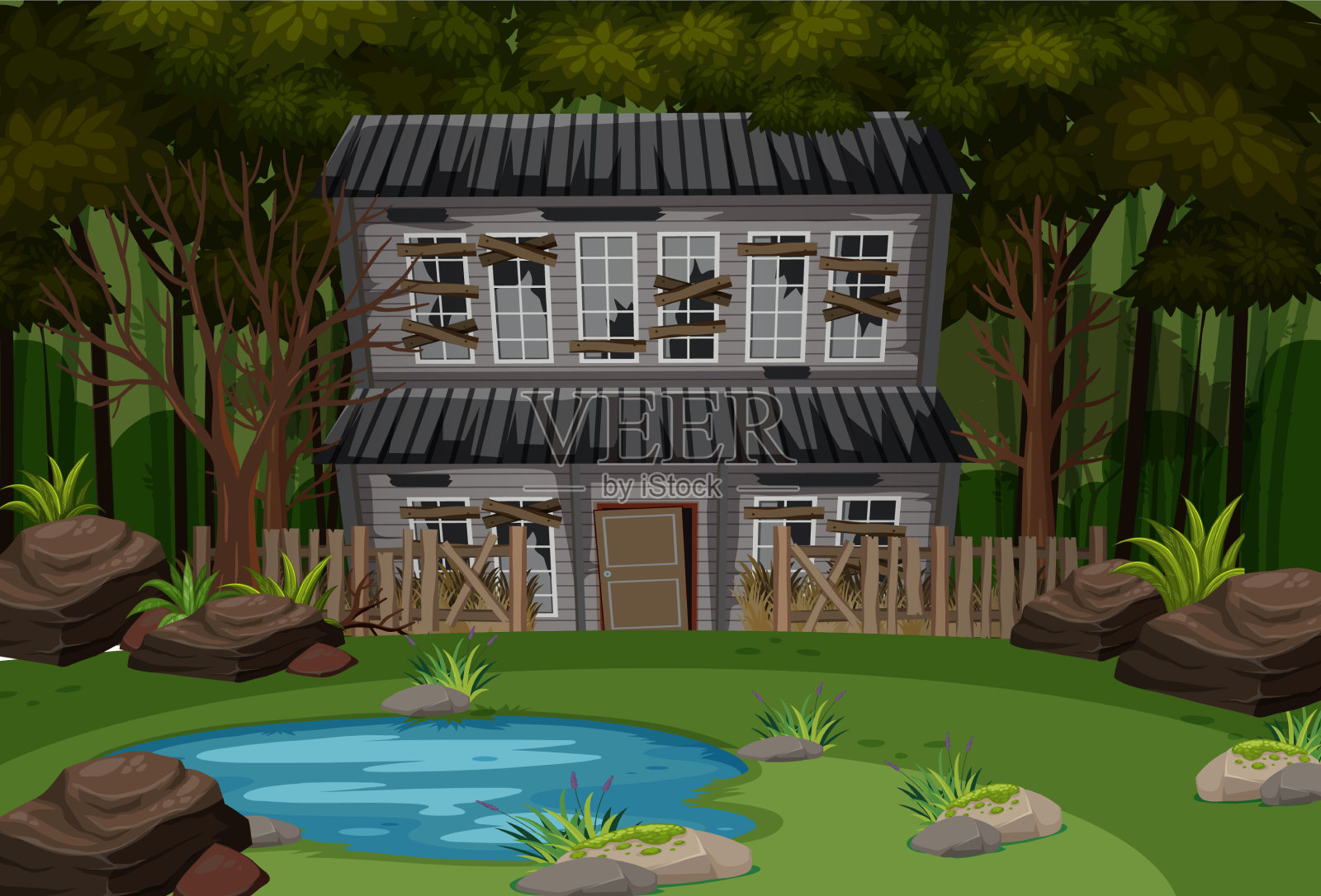 黑暗森林中废弃的房子插画图片素材