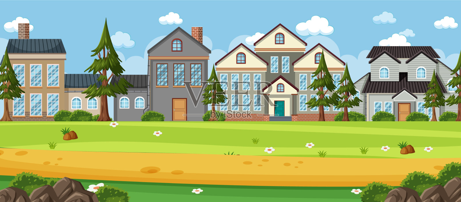 绿色田野中的房屋景观插画图片素材