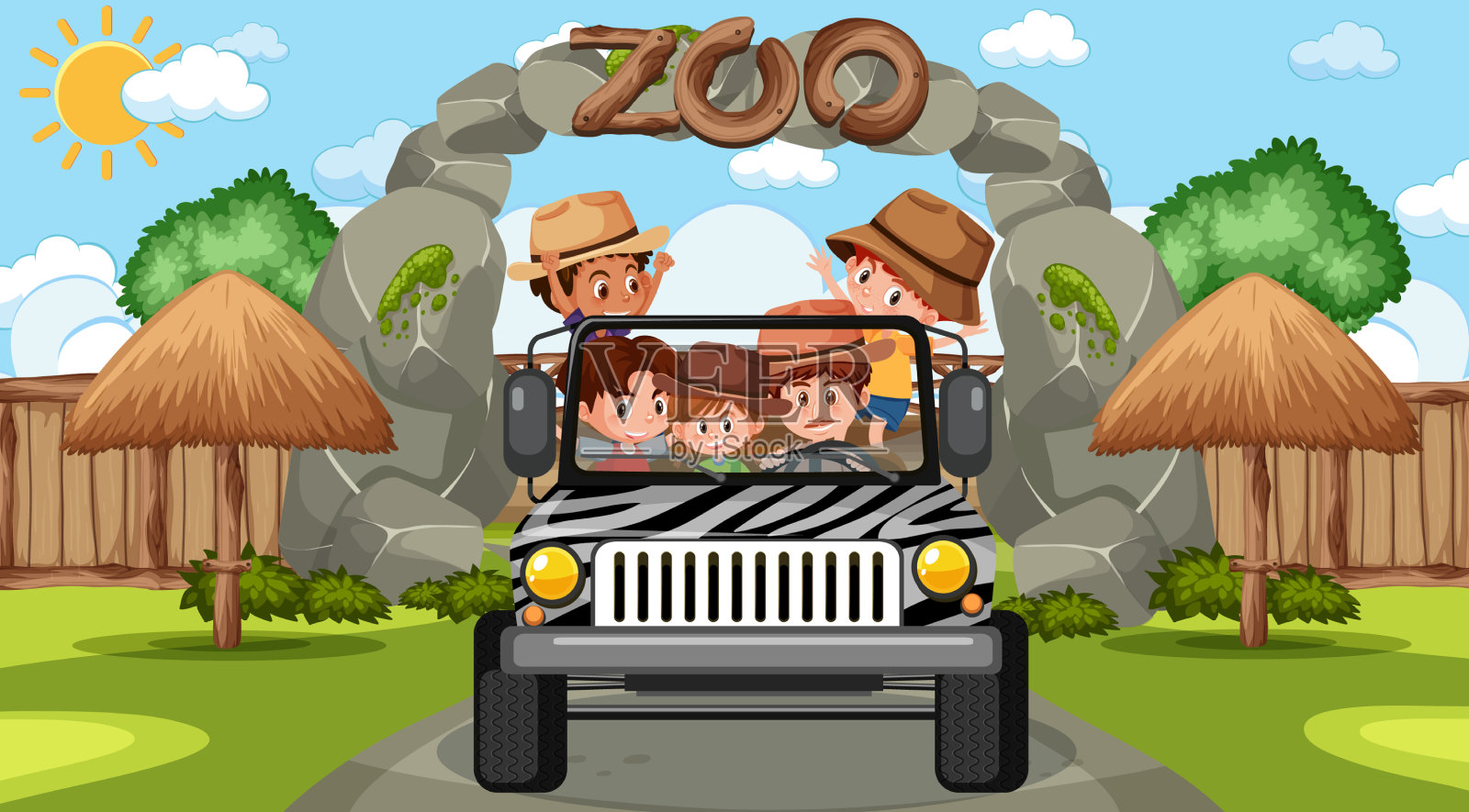 动物园在白天的场景与许多孩子在吉普车插画图片素材