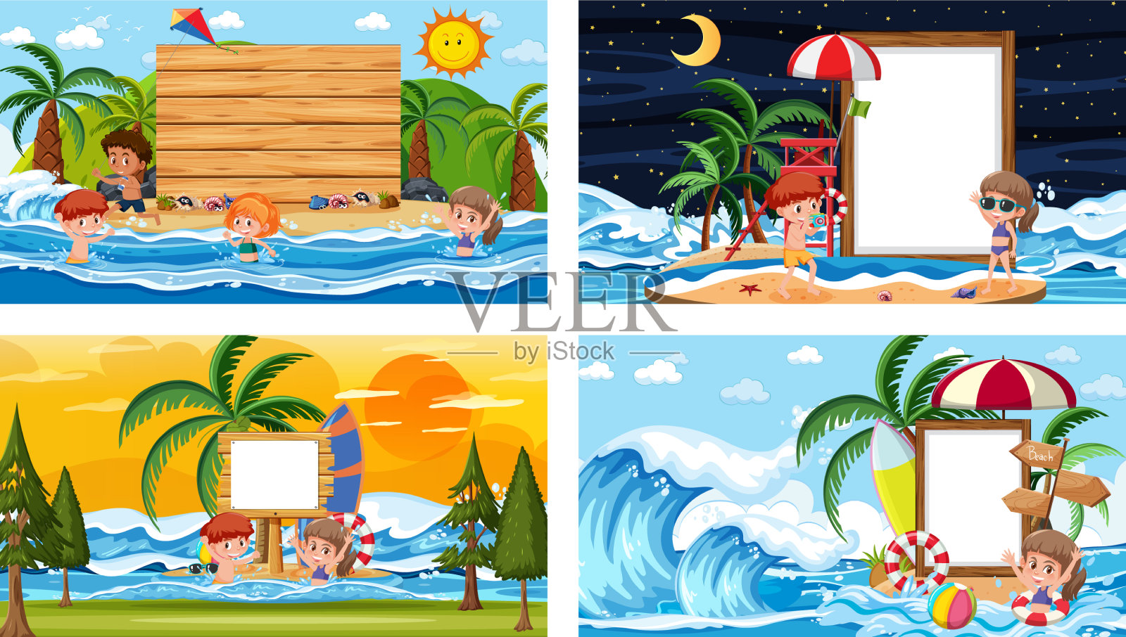 用空白设置不同的热带海滩场景插画图片素材