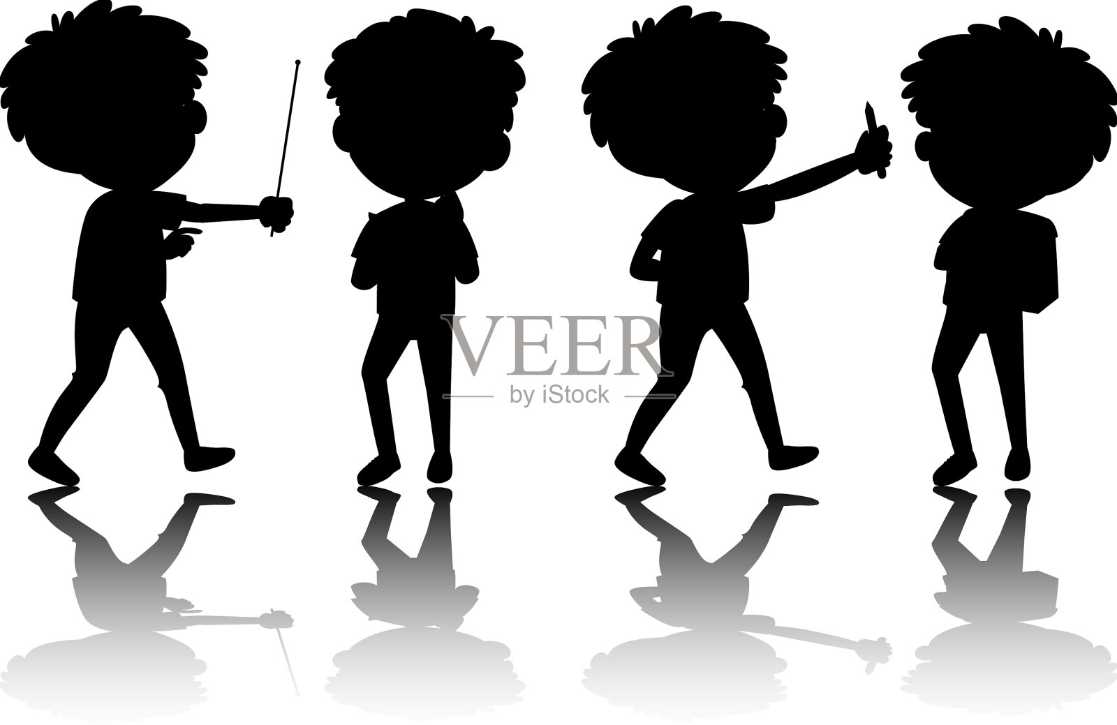 一套孩子的剪影与反射在白色图标素材