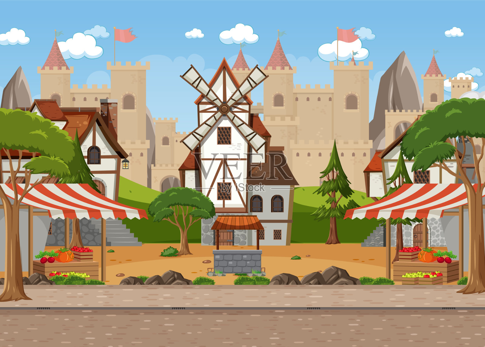 带有市场的中世纪城镇场景插画图片素材