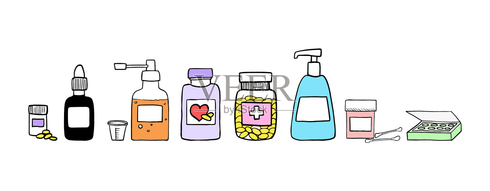 Doodle医用瓶的液体药物和插画图片素材