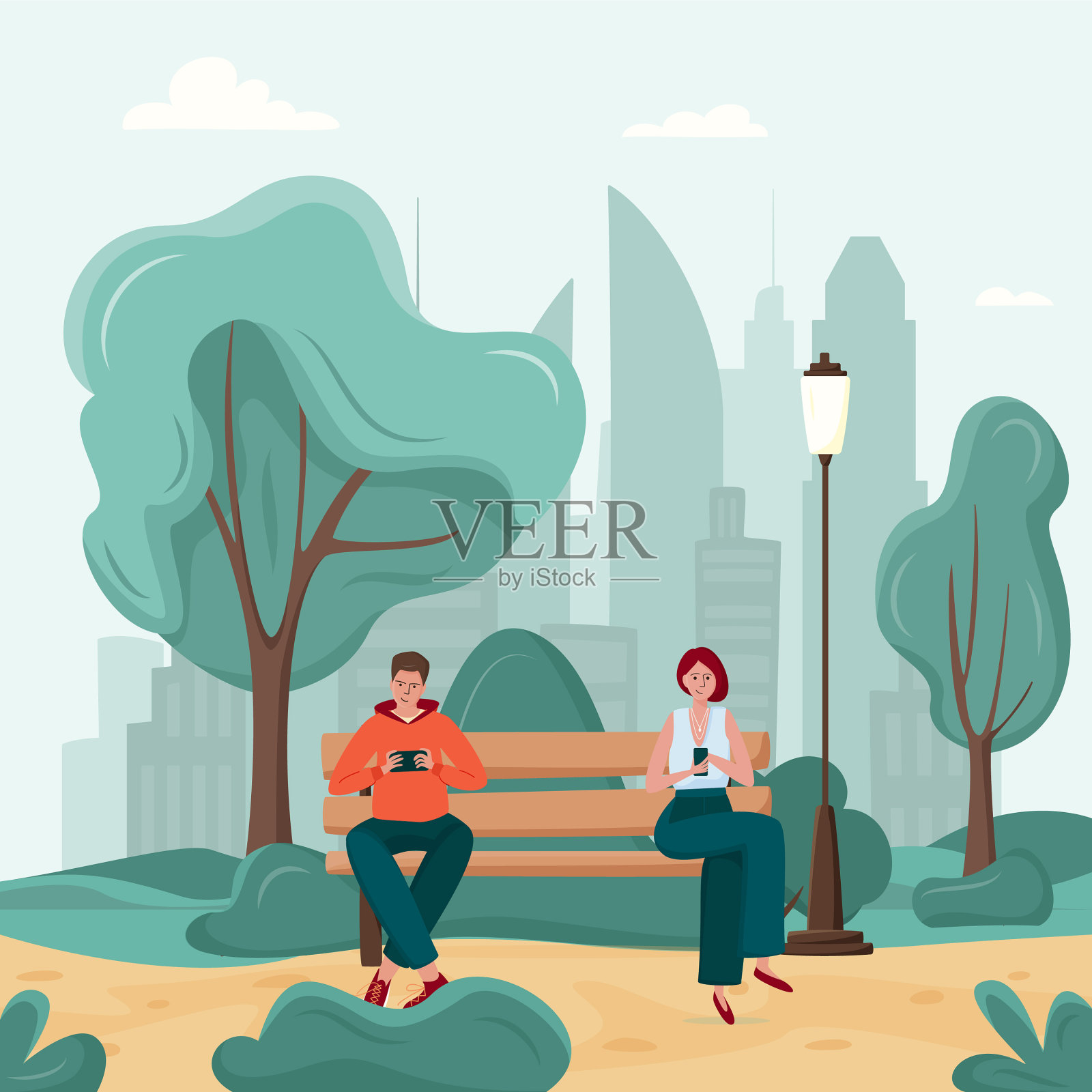 一群沉迷于电子设备的男人和女人坐在公园长椅上插画图片素材