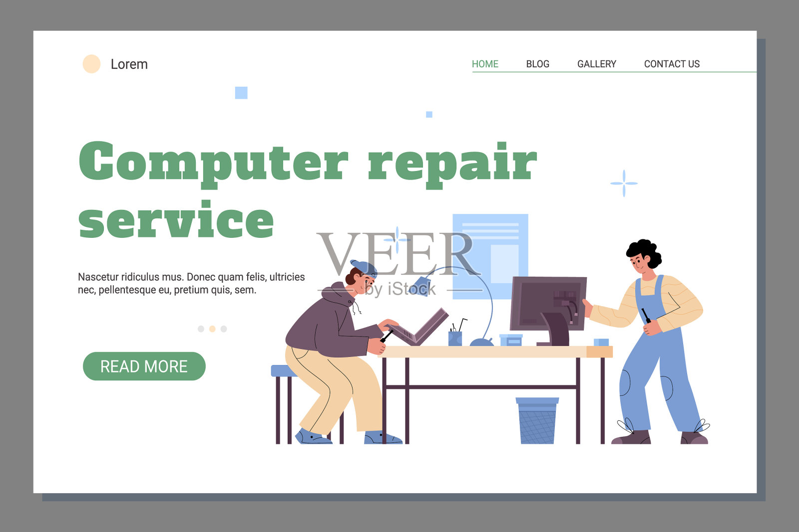 电脑维修服务网页界面扁平化插画图片素材