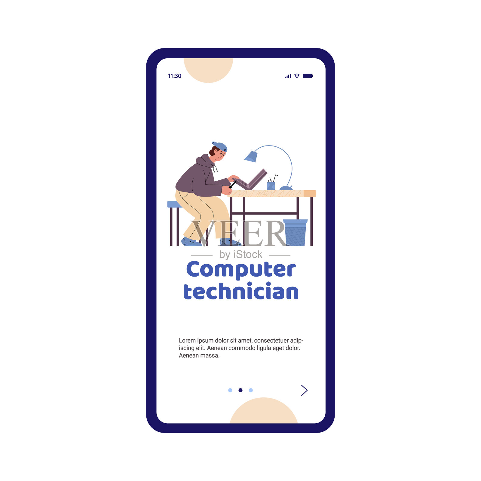 手机屏幕上有男性技术员在工作插画图片素材