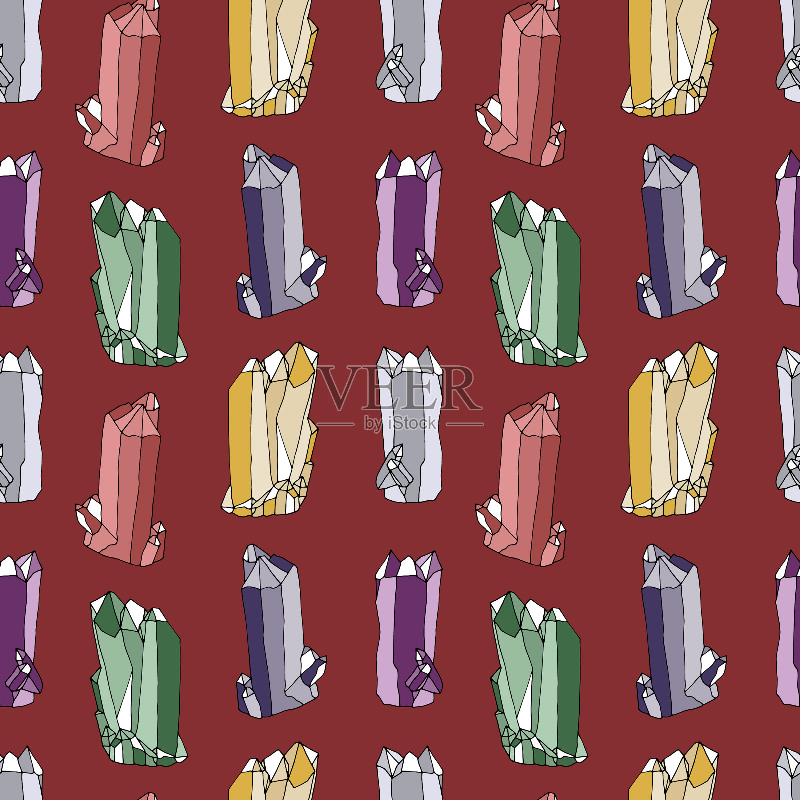 无缝图案与手绘彩色晶体插画图片素材