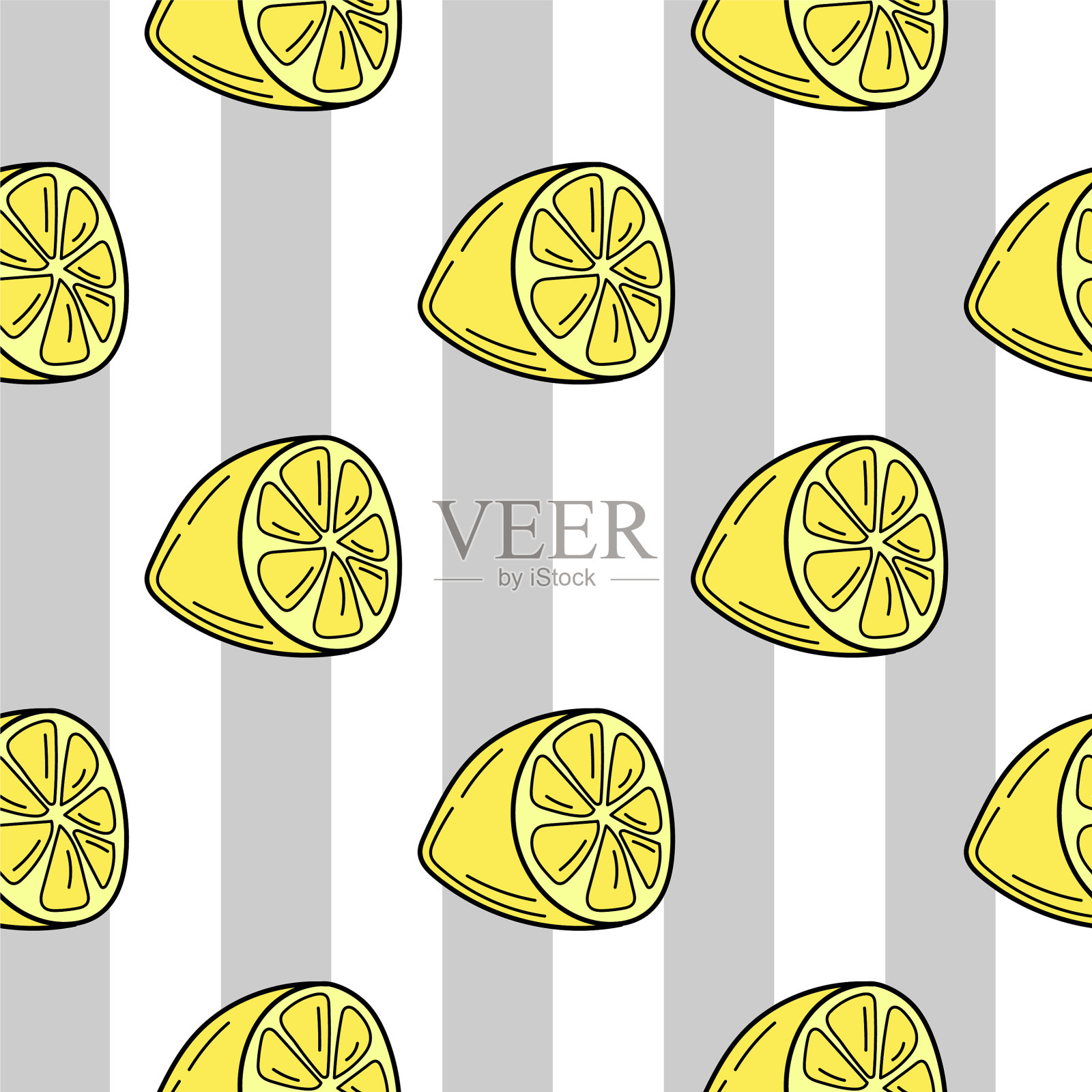 在条纹无缝背景上手绘的柠檬插画图片素材