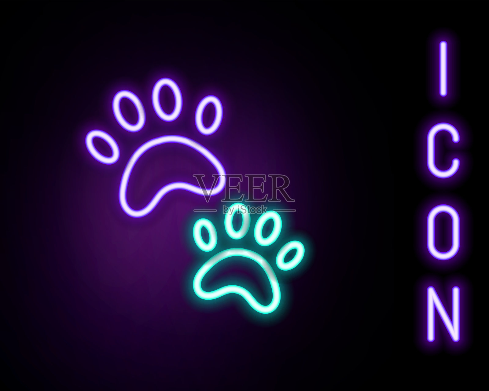 发光的霓虹灯线爪印图标孤立在黑色插画图片素材
