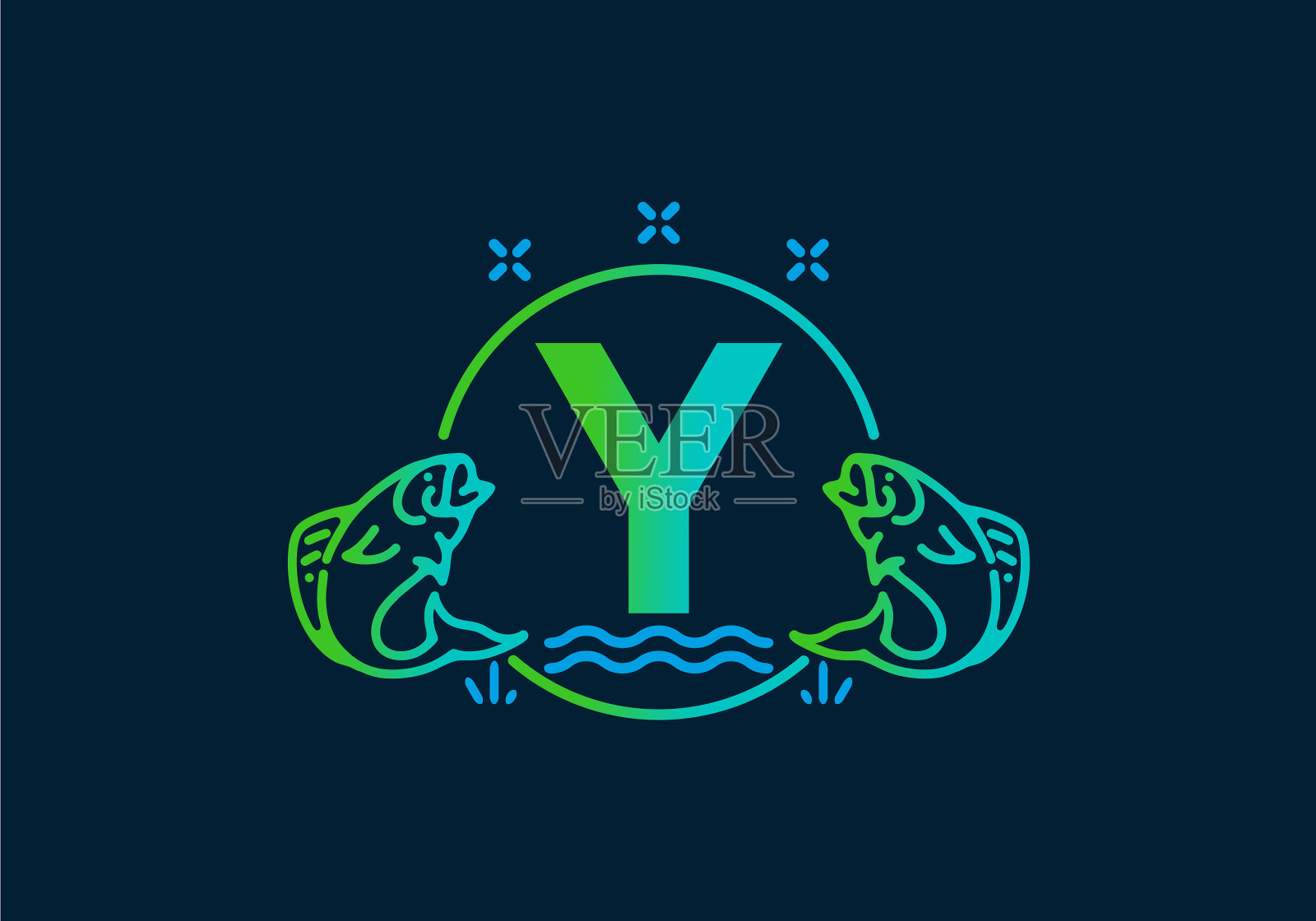 线条艺术的鱼框与首字母插画图片素材