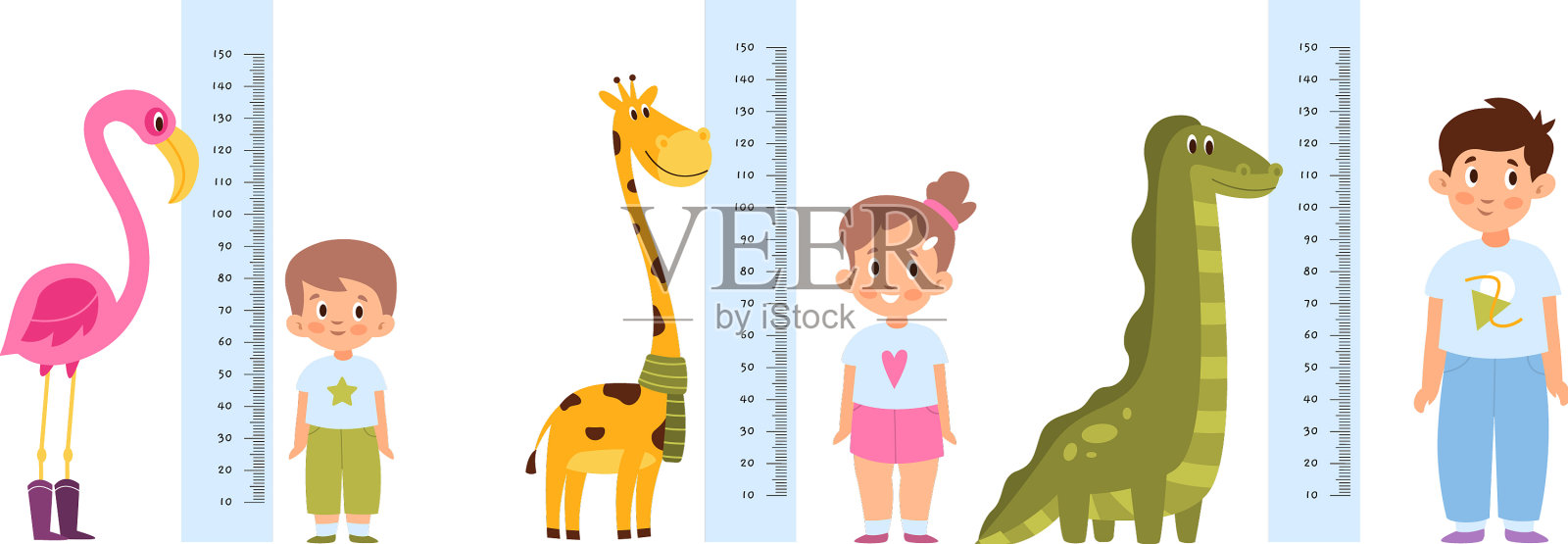 孩子测量身高，不同的成长和年龄插画图片素材