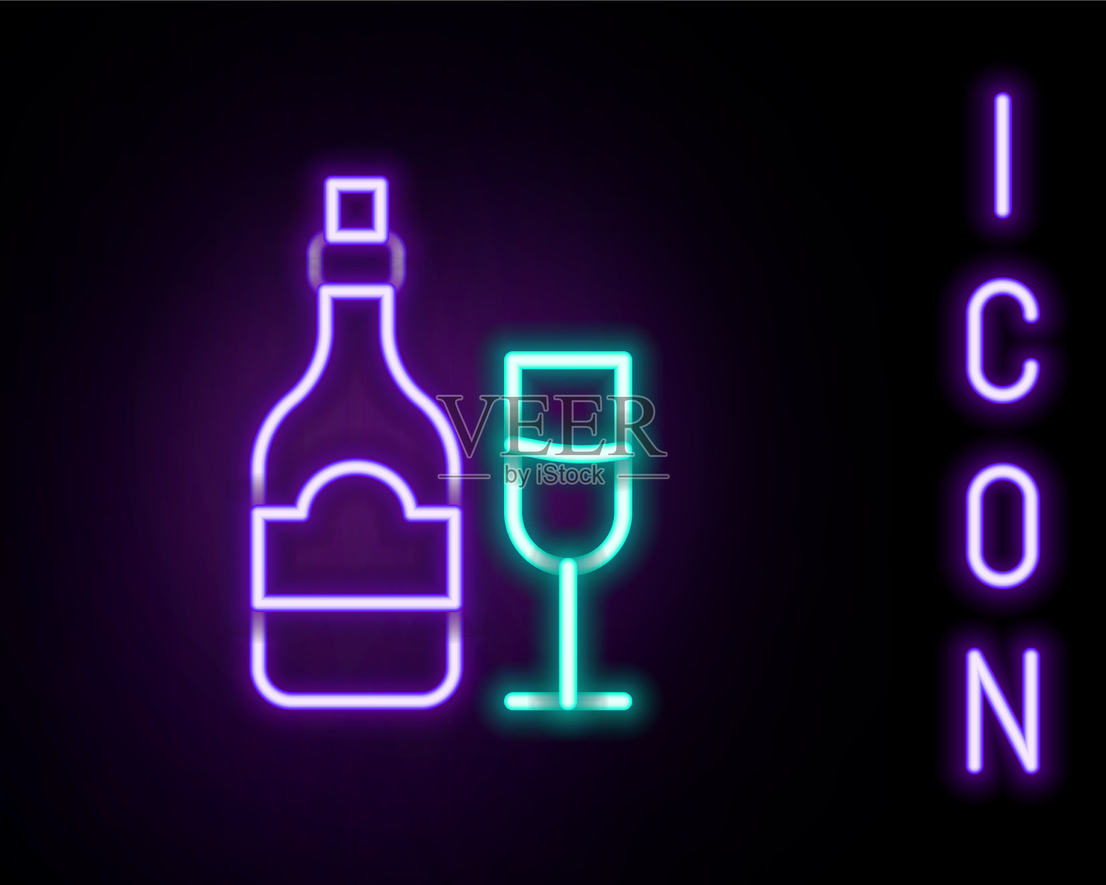 闪烁的霓虹灯线香槟瓶与玻璃图标插画图片素材