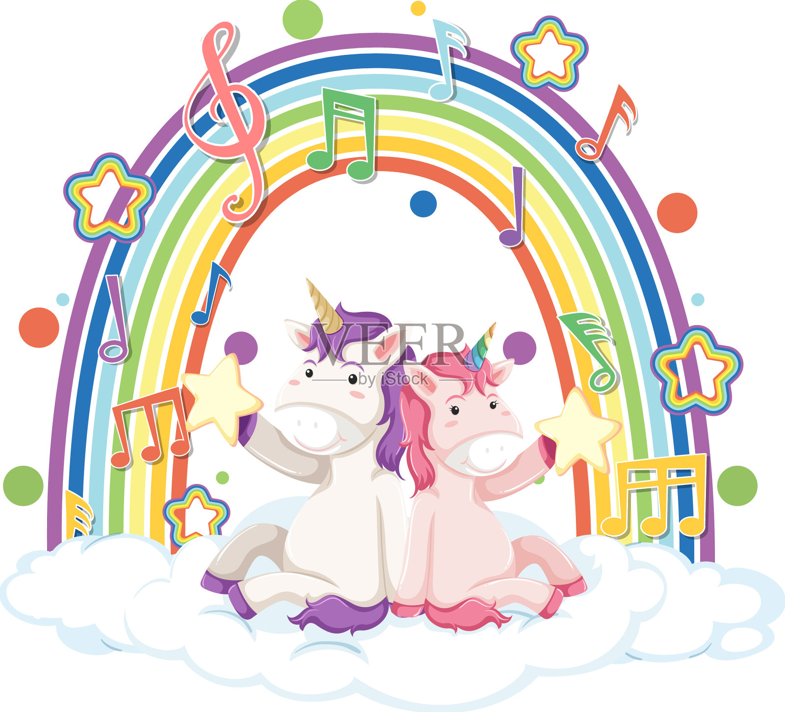 两只独角兽坐在云朵上，上面有彩虹设计元素图片