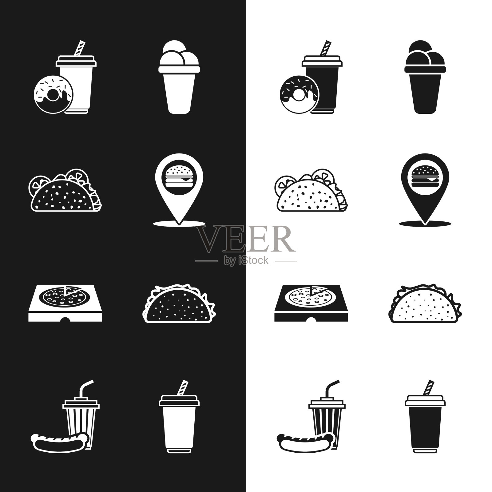 有汉堡，玉米卷，玉米饼和苏打水图标素材