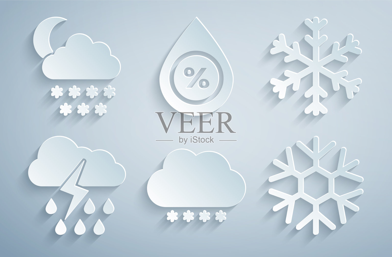 集云有雪，有雪花，有雨点，有闪电图标素材