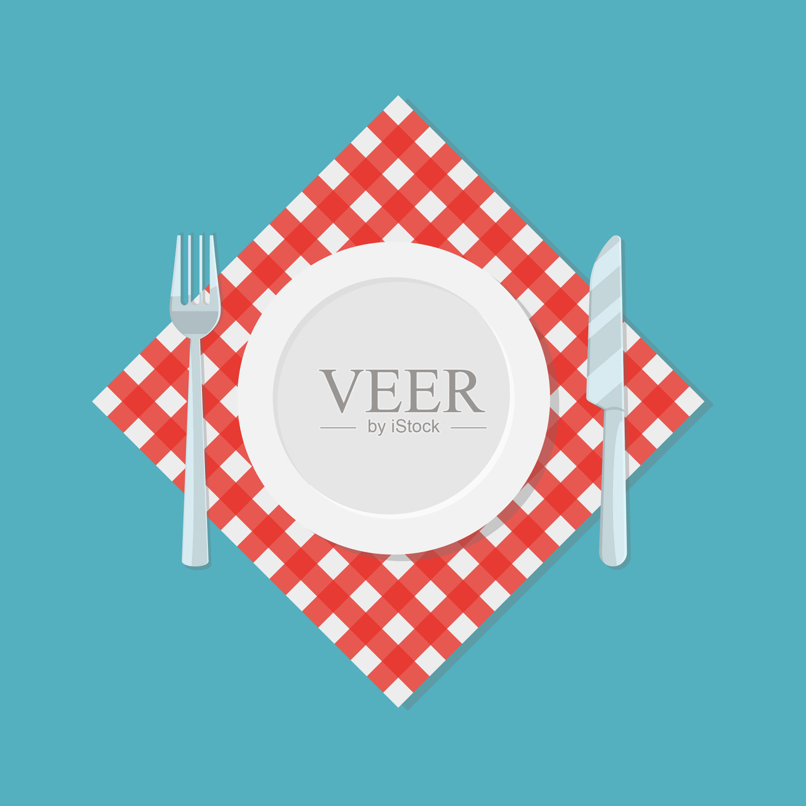 把餐叉和餐刀放在红色格子布上插画图片素材