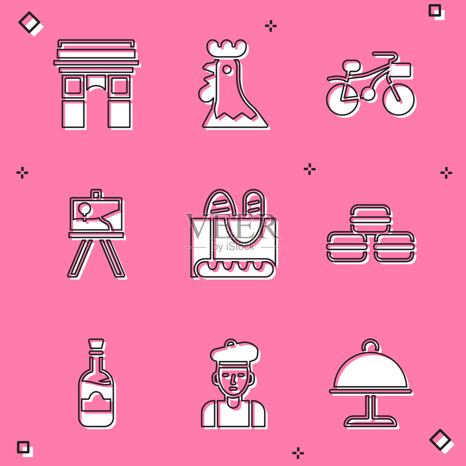 设置凯旋门法国公鸡自行车架图标素材