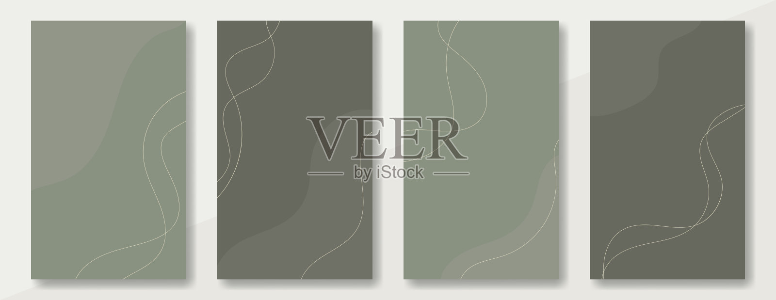 一组用于社交媒体发布的绿色垂直抽象设计。深绿色背景上带有文本的浅色线条插画图片素材