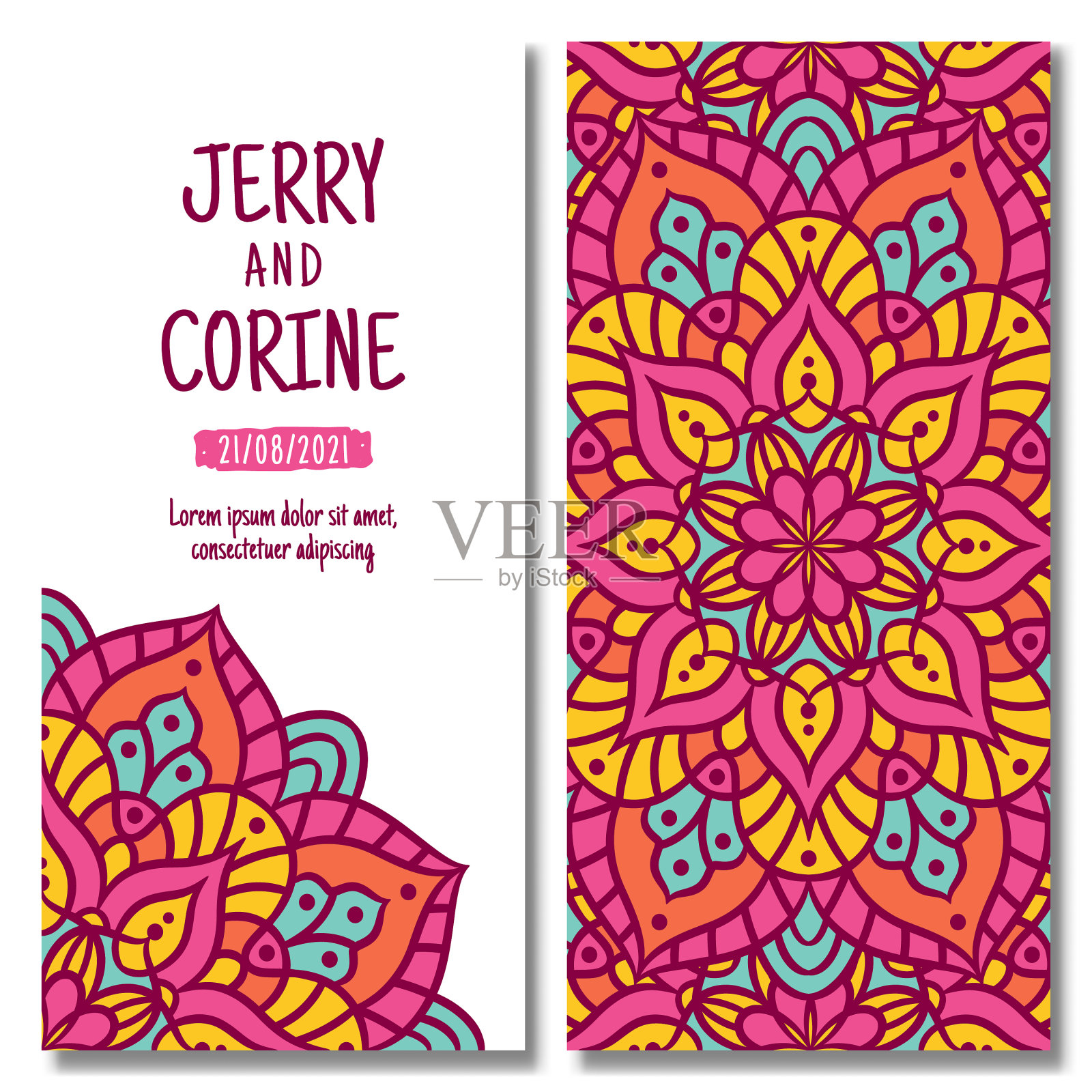 带有曼荼罗的复古婚礼请柬插画图片素材