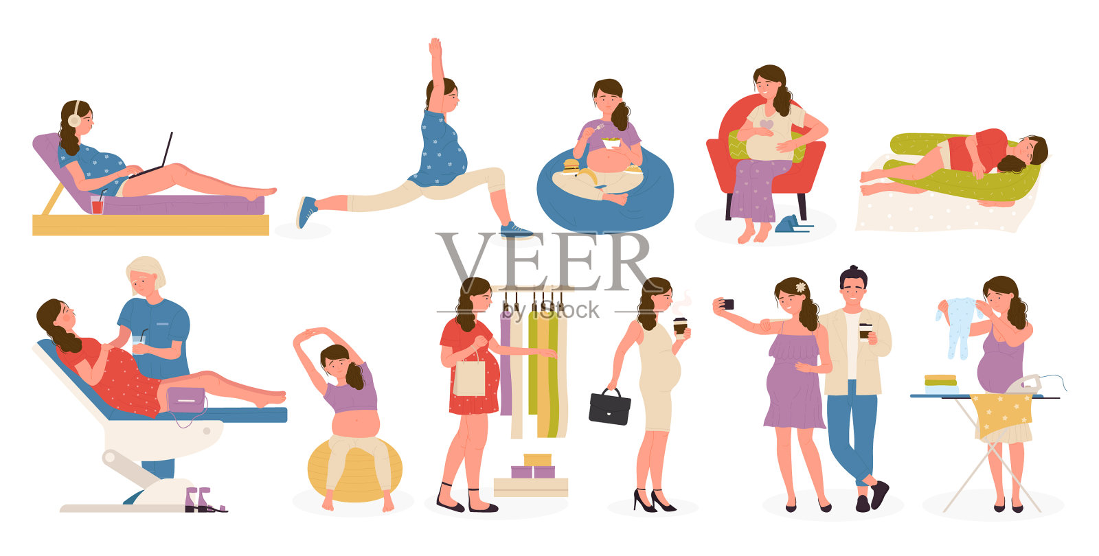 孕妇在不同的活动中健康插画图片素材