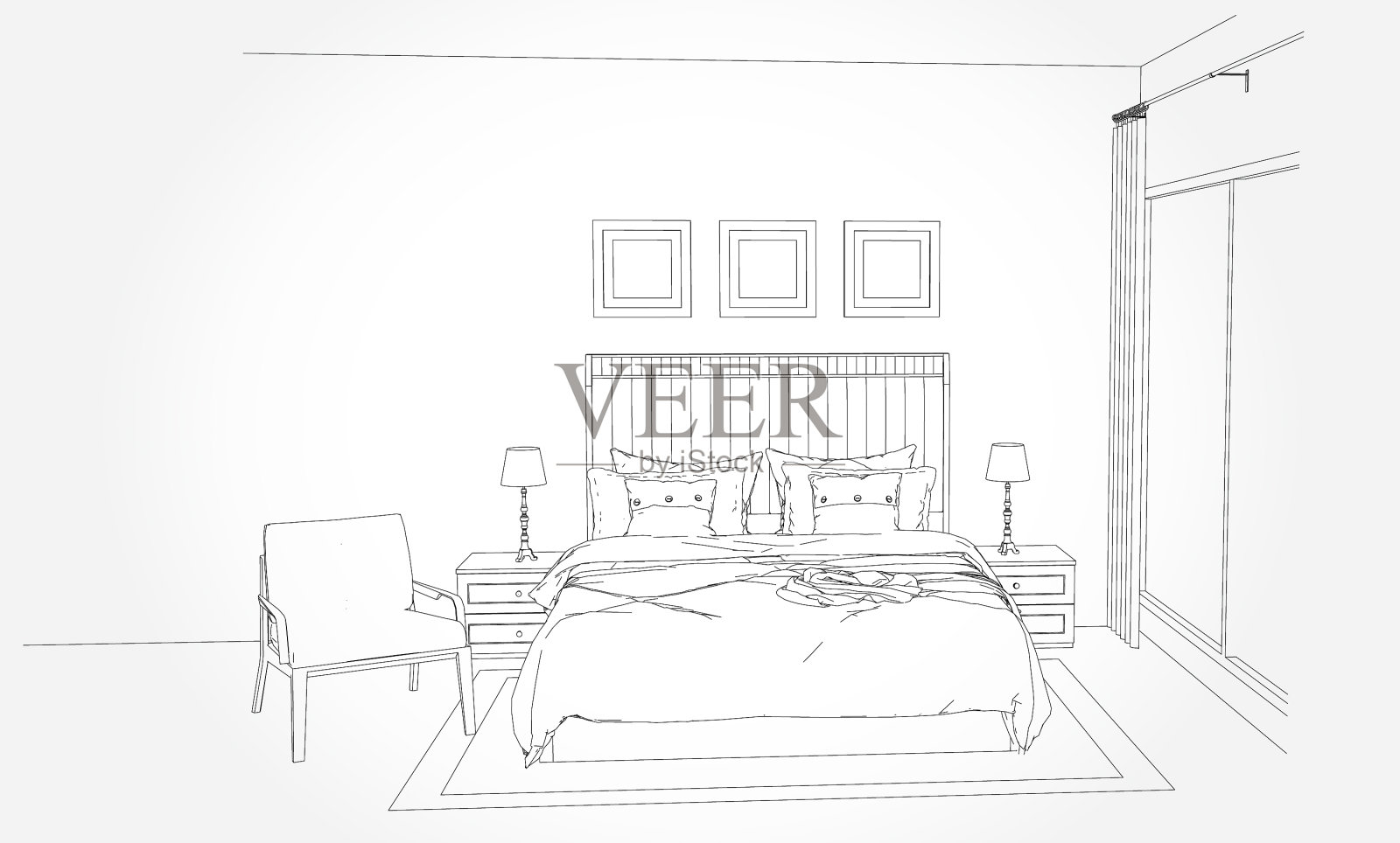 室内客厅的线性草图插画图片素材