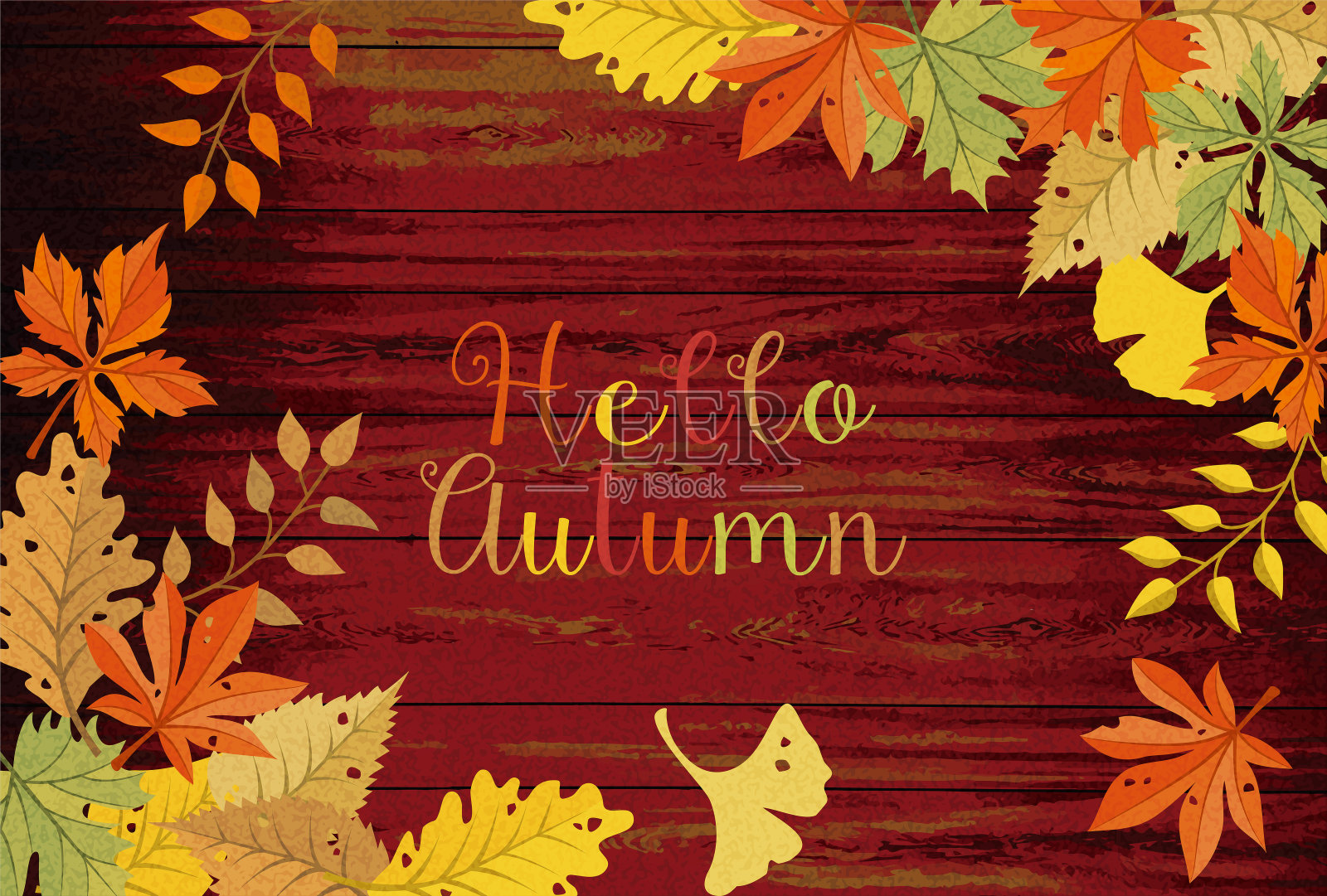 秋风秋叶和木纹水彩画风格的背景素材形象插画图片素材