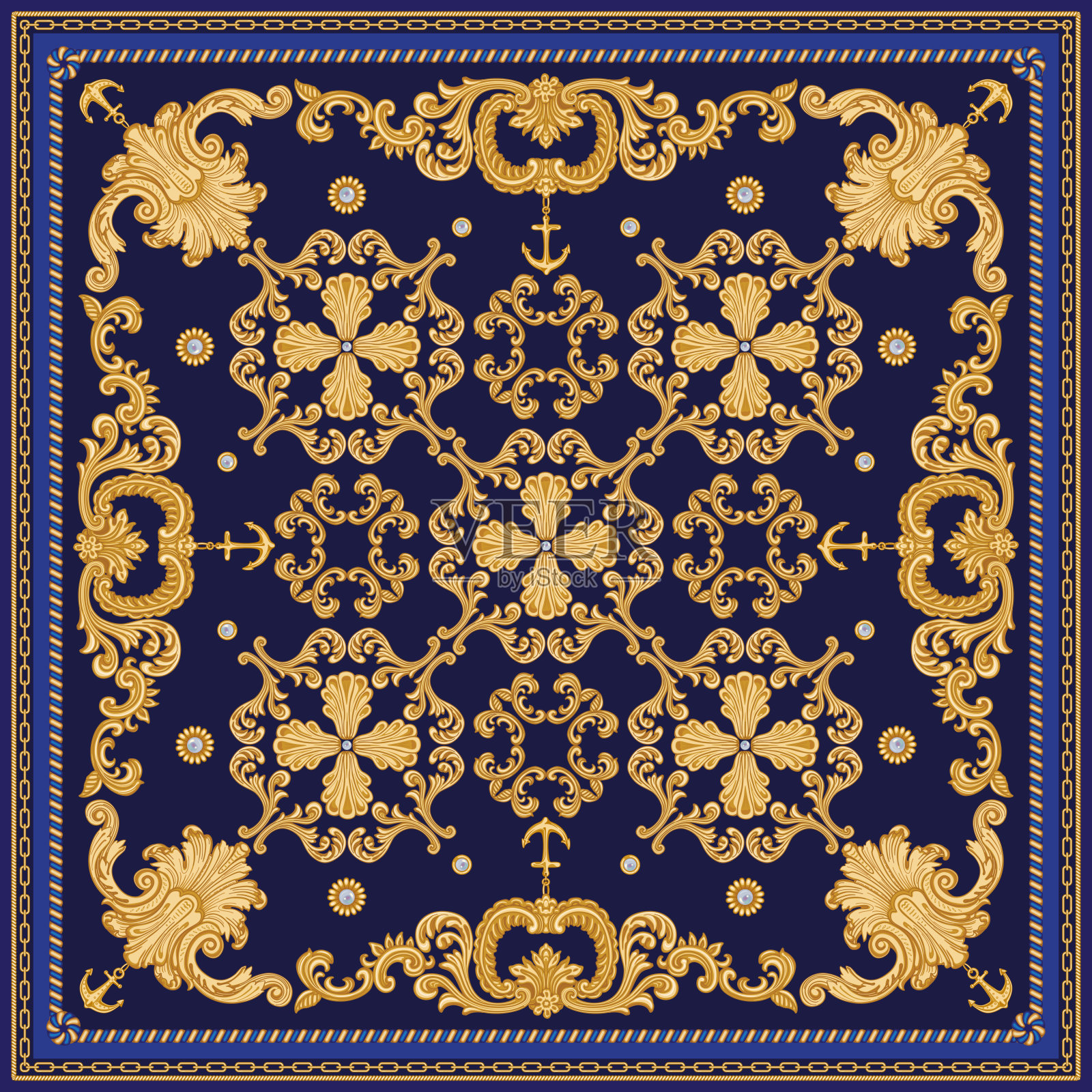 时尚金色链条图案，巴洛克式涡卷，船锚，深蓝色背景上的珍珠贝壳印花插画图片素材