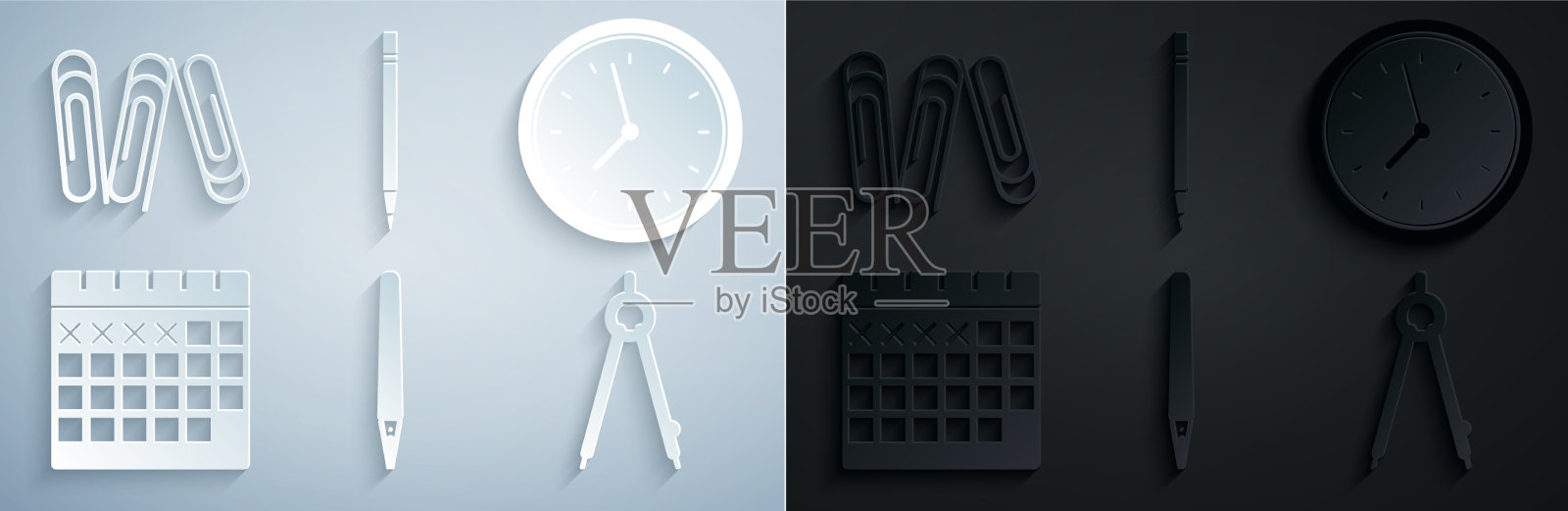 设置钢笔，时钟，日历，绘画，指南针，铅笔图标素材