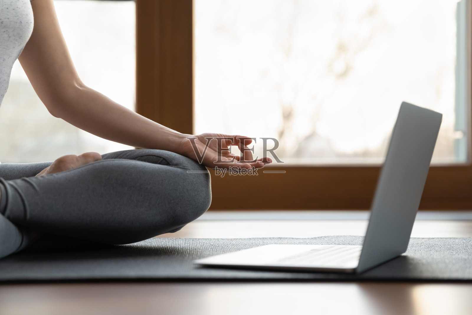 女教练用笔记本电脑在线提供复杂的普拉提练习照片摄影图片