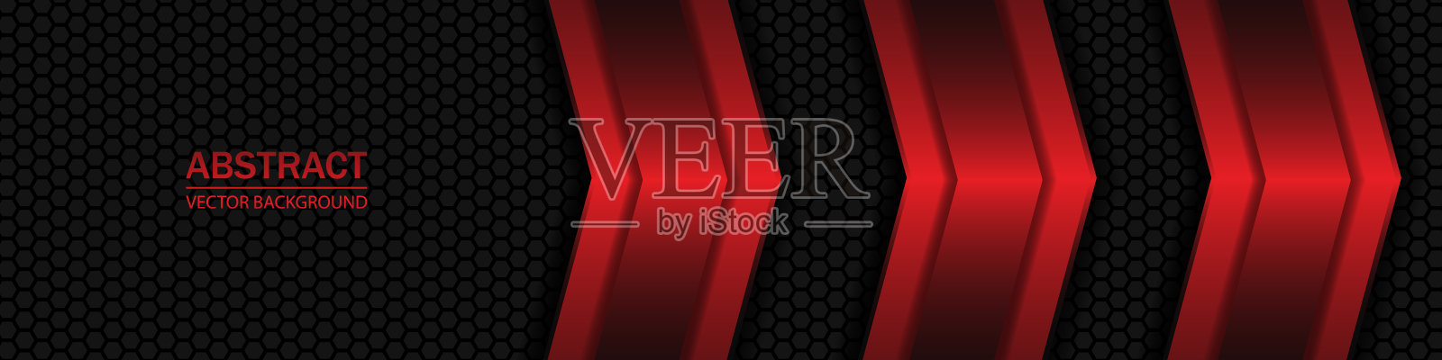红色箭头形状，条纹和线条上的黑色六边形碳纤维背景。六边形红色网格上的几何图形。插画图片素材