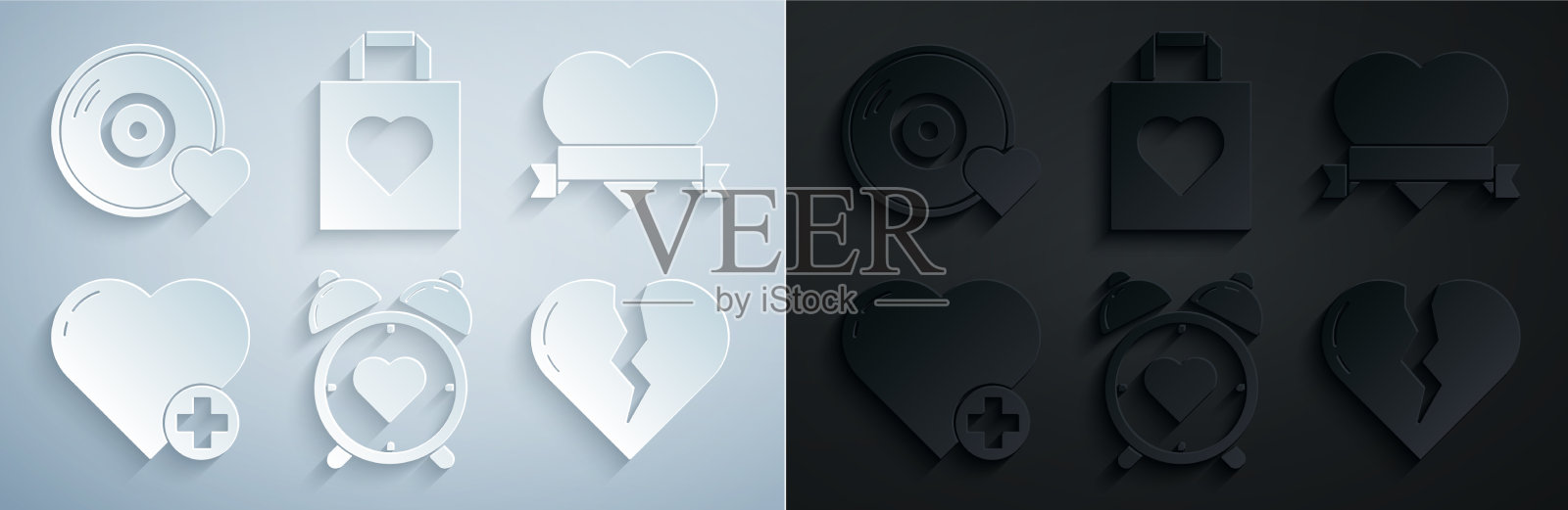 在中心设置心脏闹钟和丝带图标素材