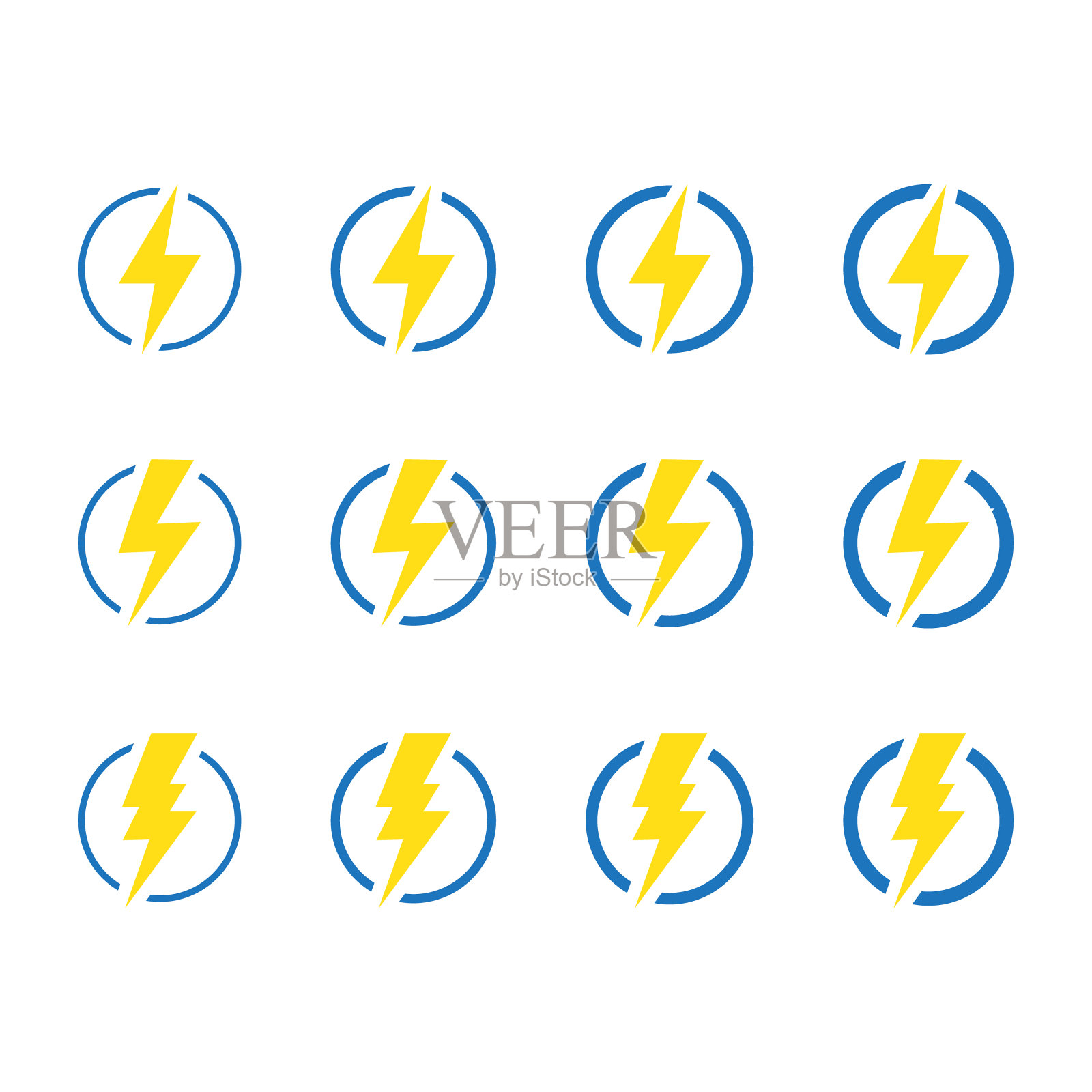 闪电、电力矢量标志设计元素。能量和雷电电的符号概念。闪电标志在圆圈里。功率快速度标识设计元素图片