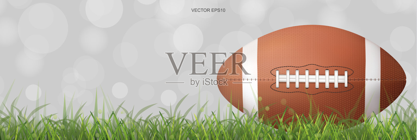 美式橄榄球，背景为绿色的草地和光线模糊的散景。插画图片素材