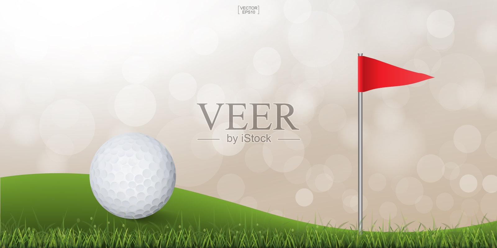 高尔夫球在绿山高尔夫球场与轻模糊的散景背景。插画图片素材