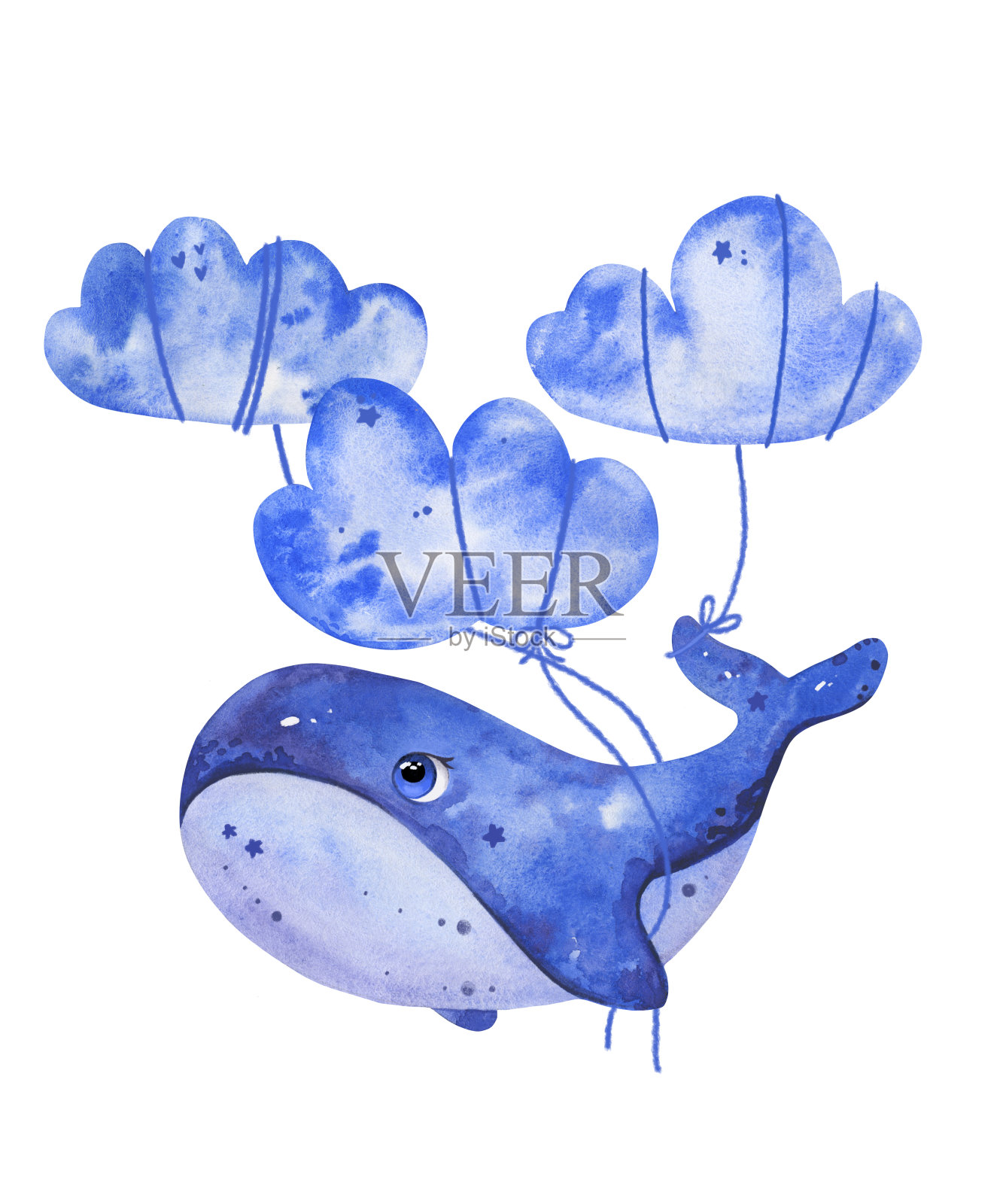 可爱的手绘水彩飞鲸在云。设计元素图片