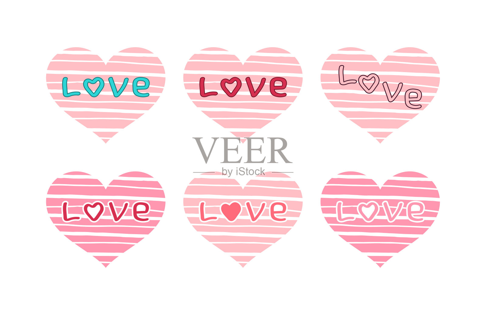 一套条纹粉红色的心与爱的字母。标志、符号标志插画图片素材