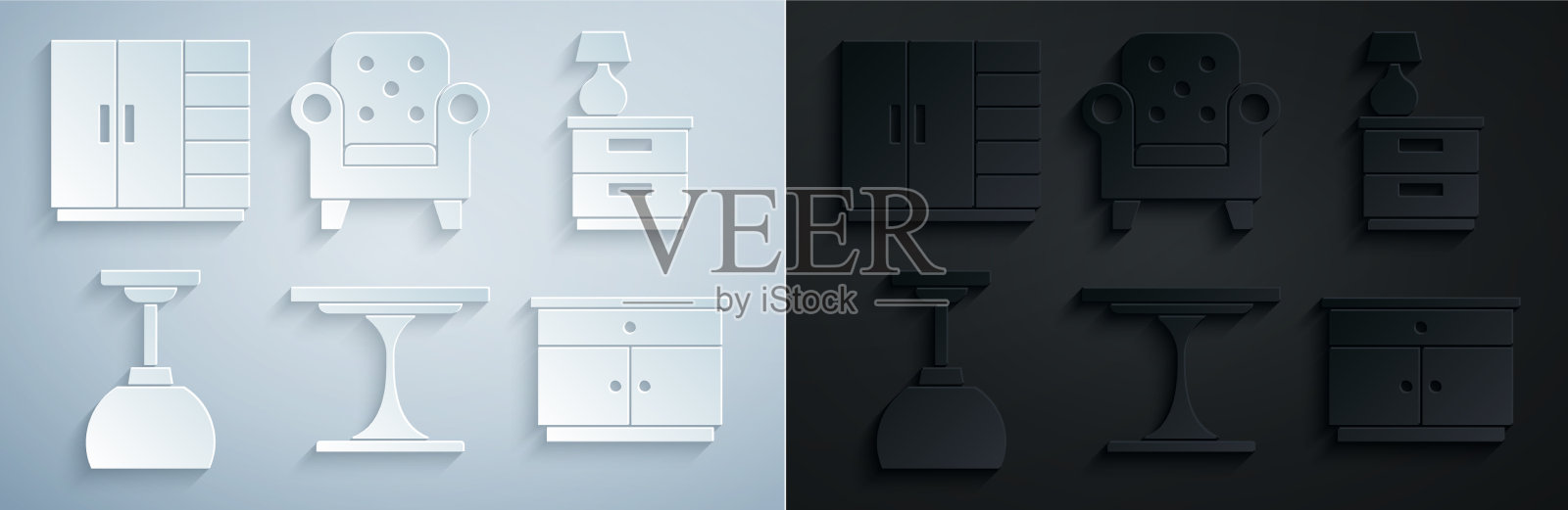 设置圆桌、家具、床头柜和台灯图标素材