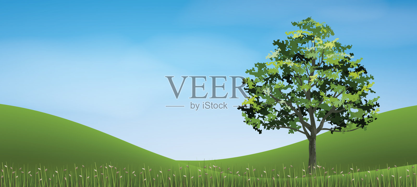 绿草如茵，天空湛蓝。摘要以公园为背景，以户外为景观理念。插画图片素材