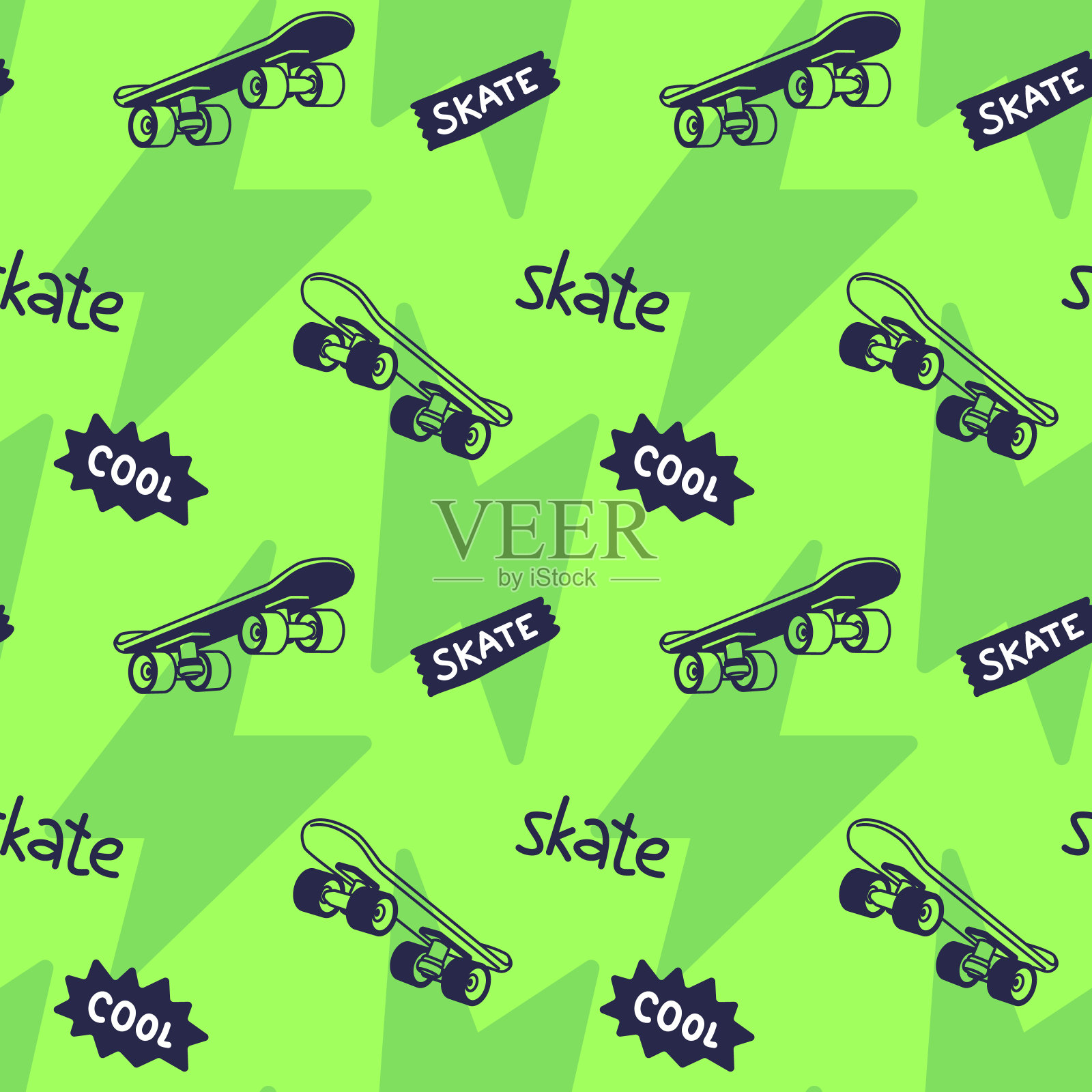 矢量滑板绿色无缝图案与卡通滑板。飞行滑板和闪电的插图。线条艺术风格溜冰背景插画图片素材