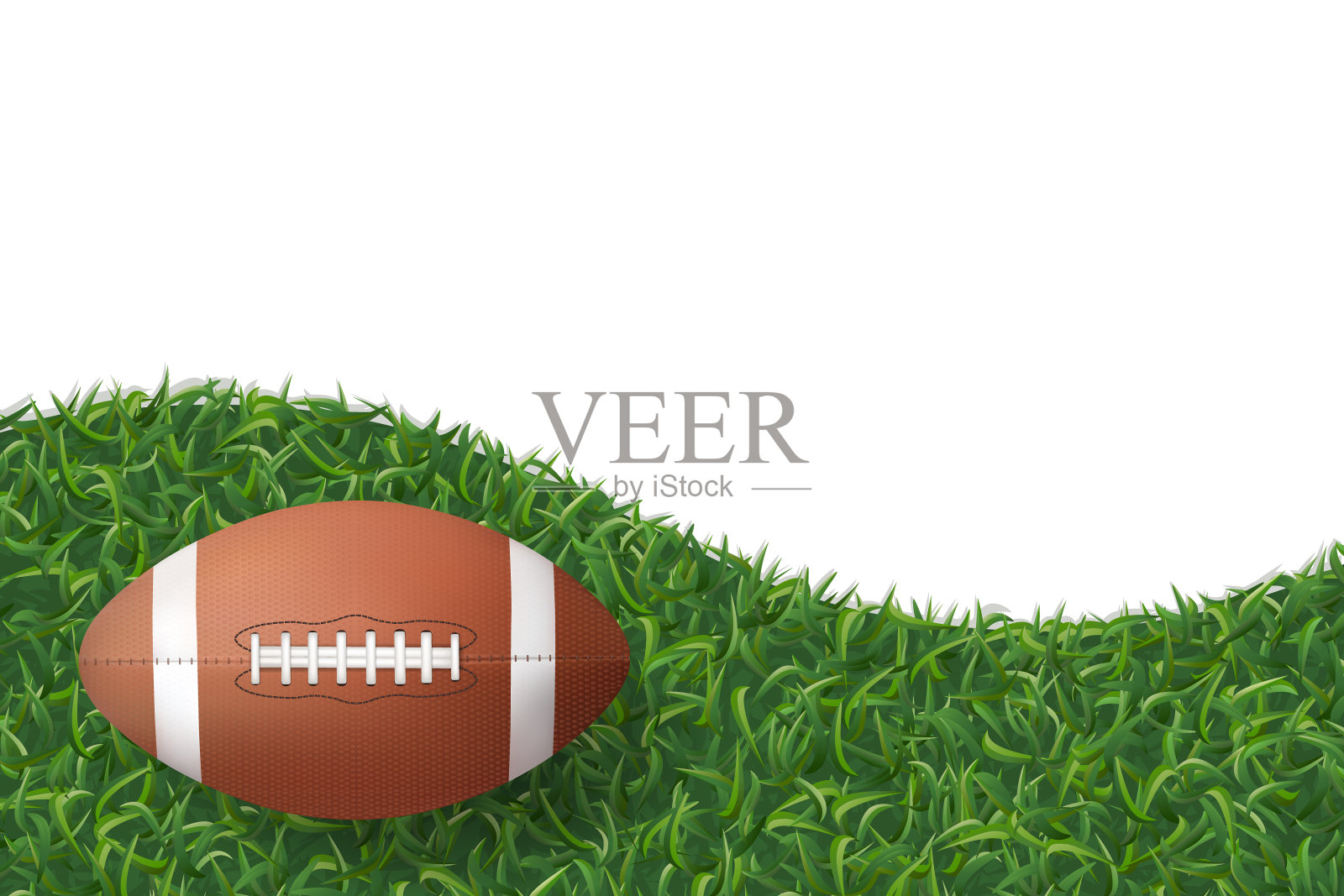 美式足球与绿色草地纹理背景。插画图片素材