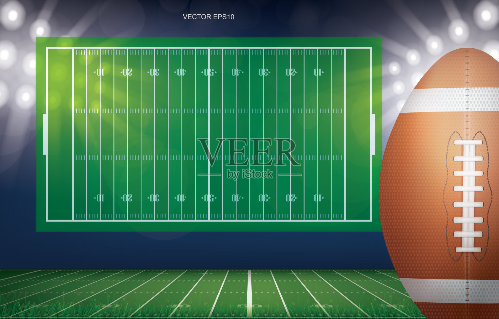 足球在足球场足球场背景。美式足球场地透视线模式。插画图片素材