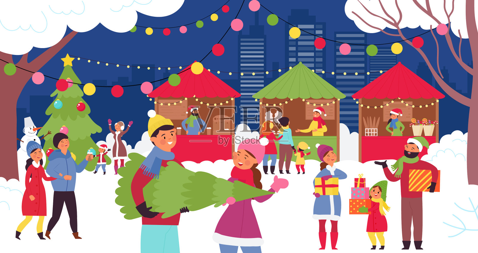 圣诞集市节日食品市场卡通插画图片素材