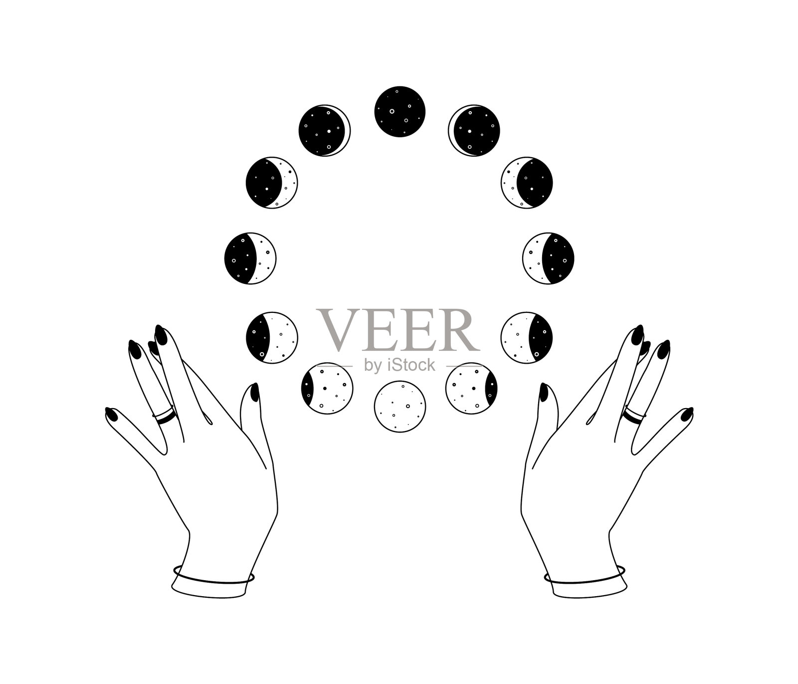 圆月的阶段超过妇女的手轮廓插画图片素材