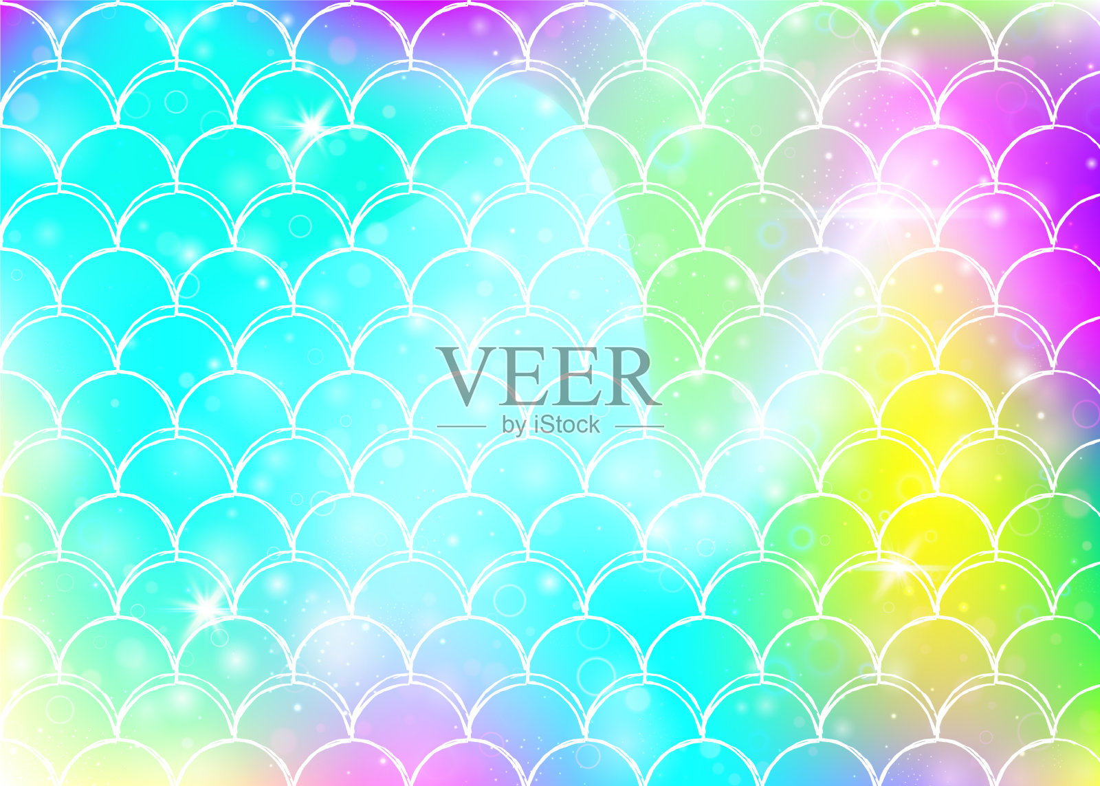 彩虹鳞背景与卡哇伊美人鱼插画图片素材