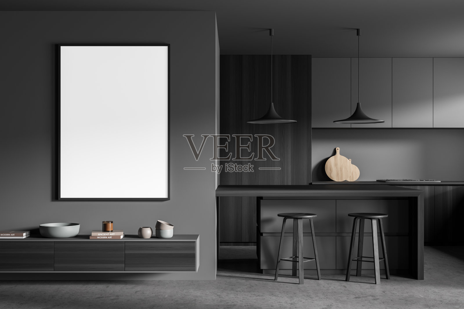 带框的白色帆布和架子靠近深灰色的厨房空间照片摄影图片