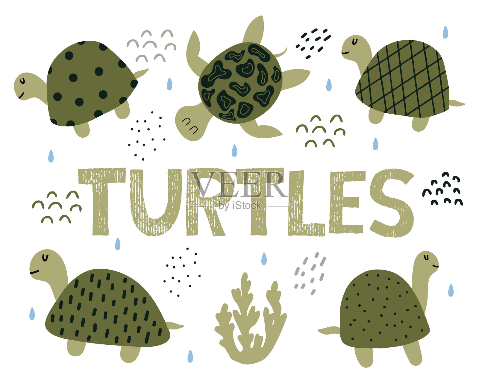 儿童手绘绿海龟套插画图片素材