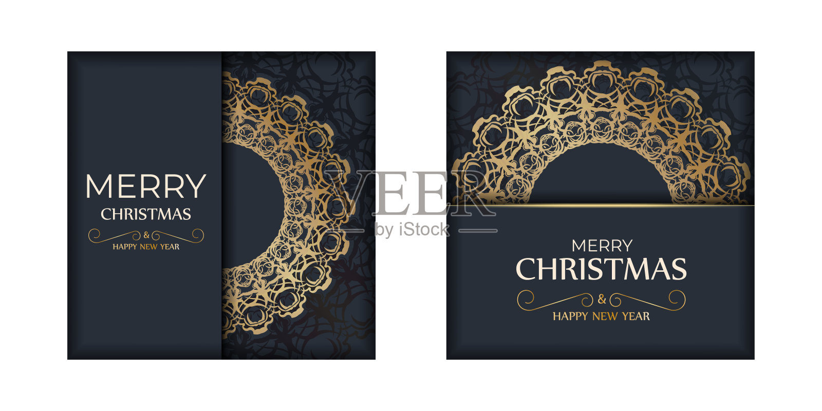 节日小册子快乐的新年在深蓝色与复古黄金图案设计模板素材